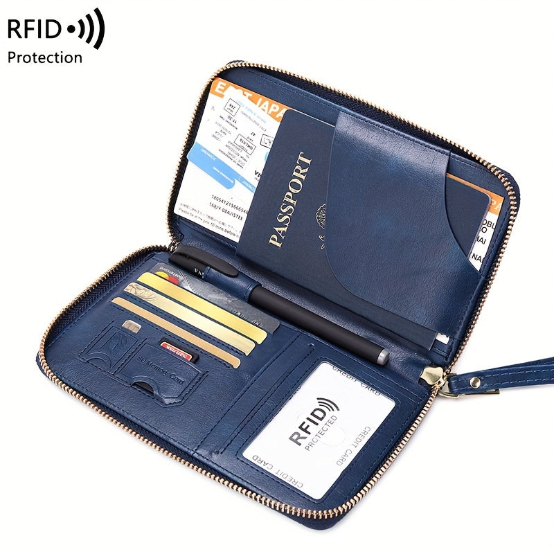 Brown RFID Blocking Travel Wallet with Zipper Closure and Wrist Strap for Passports and Cards