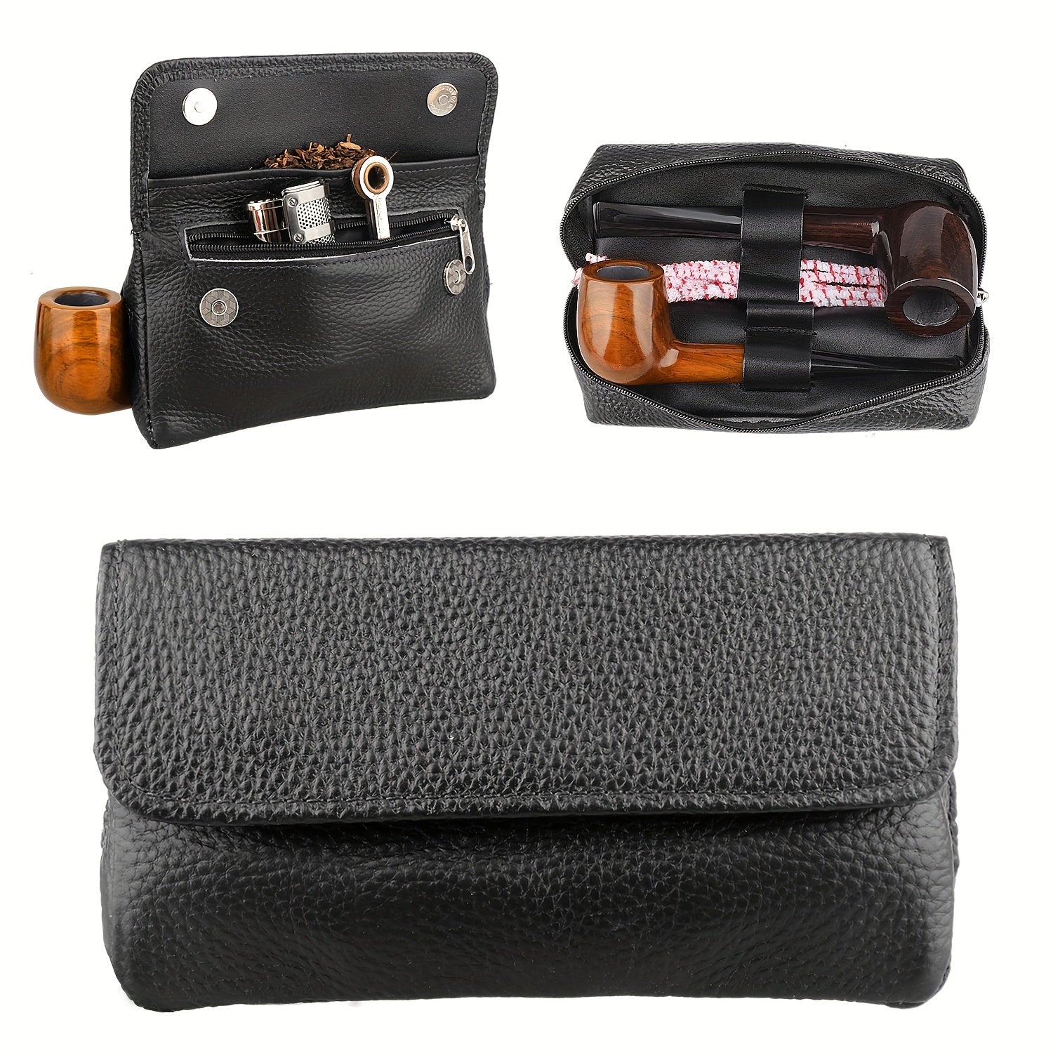 Leather Pipe Pouch Case with Zipper Organizer for 2 Tobacco Pipes