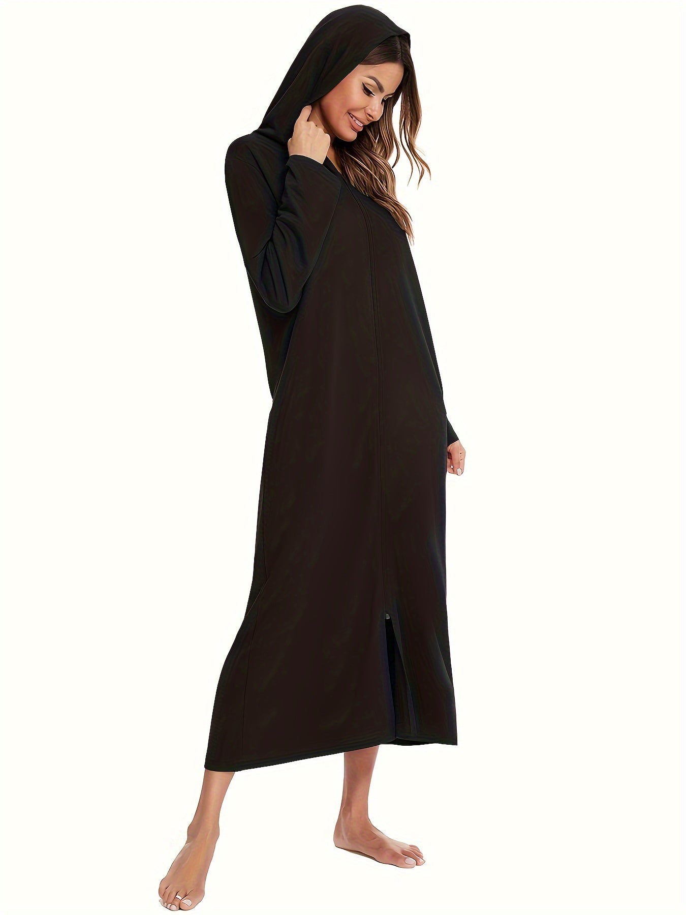 Women's Hooded Zip-Up Lounge Dress Solid Long Sleeve Casual Knit Fabric