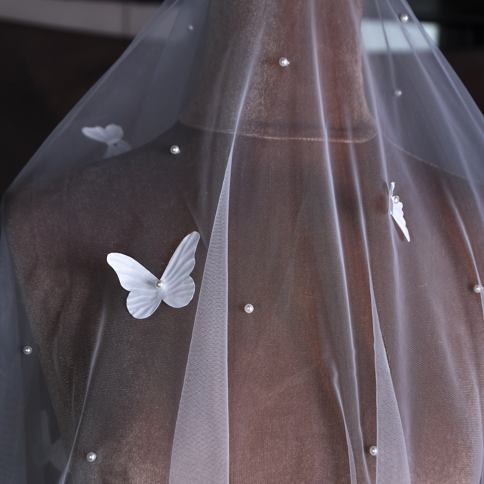 Wedding Veil Beaded Butterfly Cathedral Length Nylon Bridal Accessory