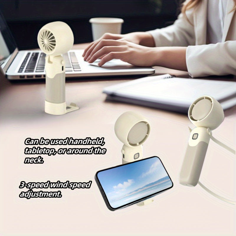 Portable USB Fan with 3-Speed Adjustable Wind, Foldable Design for Handheld, Desktop, or Wearable Use