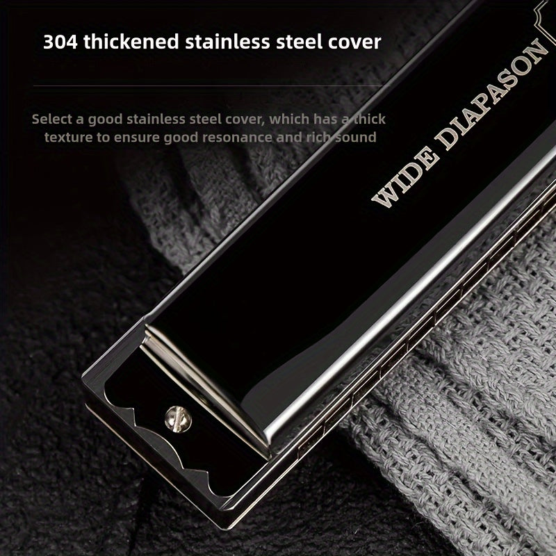 Professional 28-Hole Blues Harmonica Metal Brass Core Polished Blue Black Finish with Case