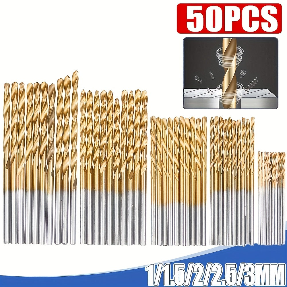 50 Pcs Titanium Coated High Speed Steel Drill Bits Set for Wood Metal Jewelry