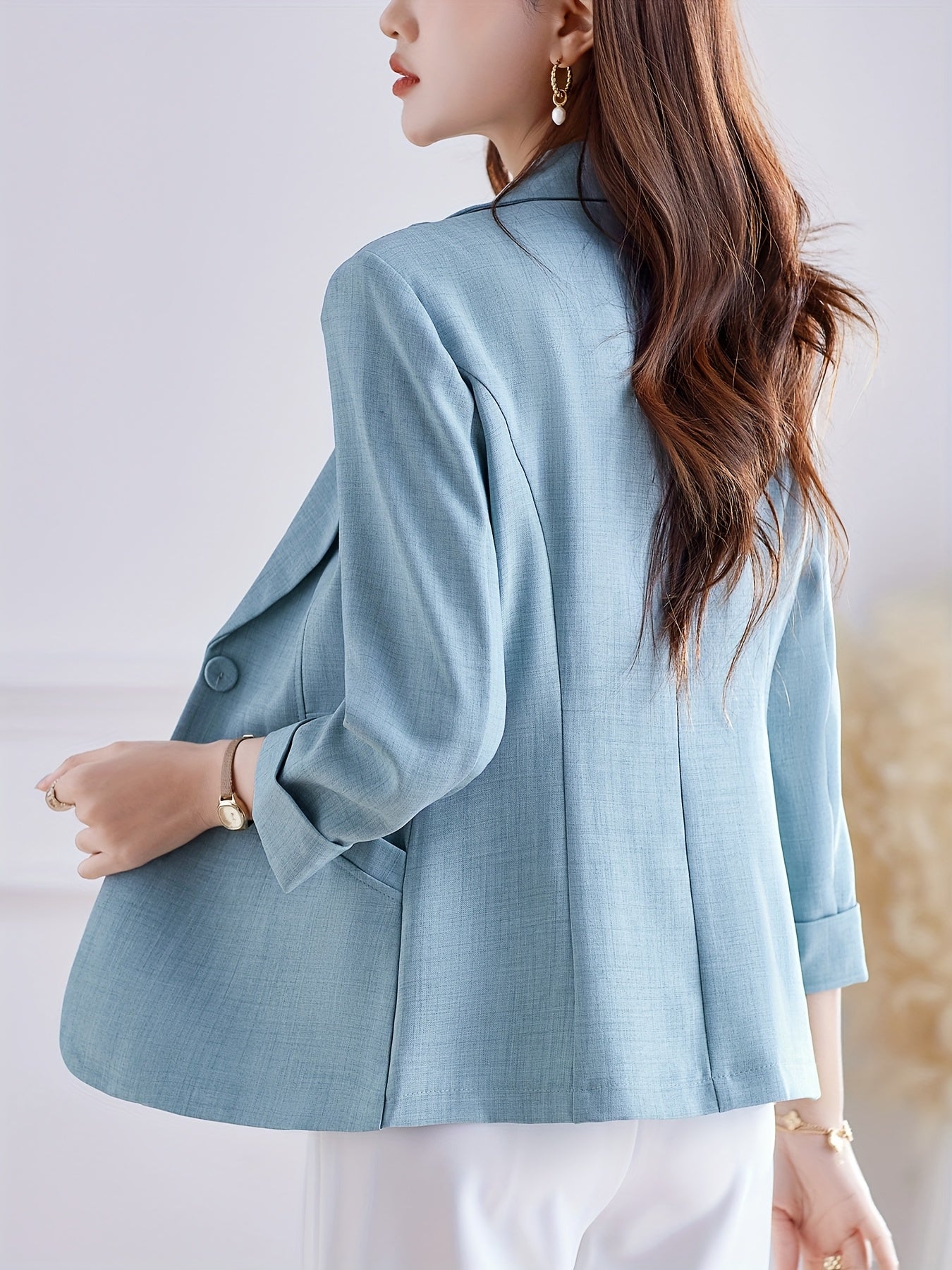 Plus Size Women’s Beige H-Silhouette Blazer Long Sleeve Casual to Semi-Formal