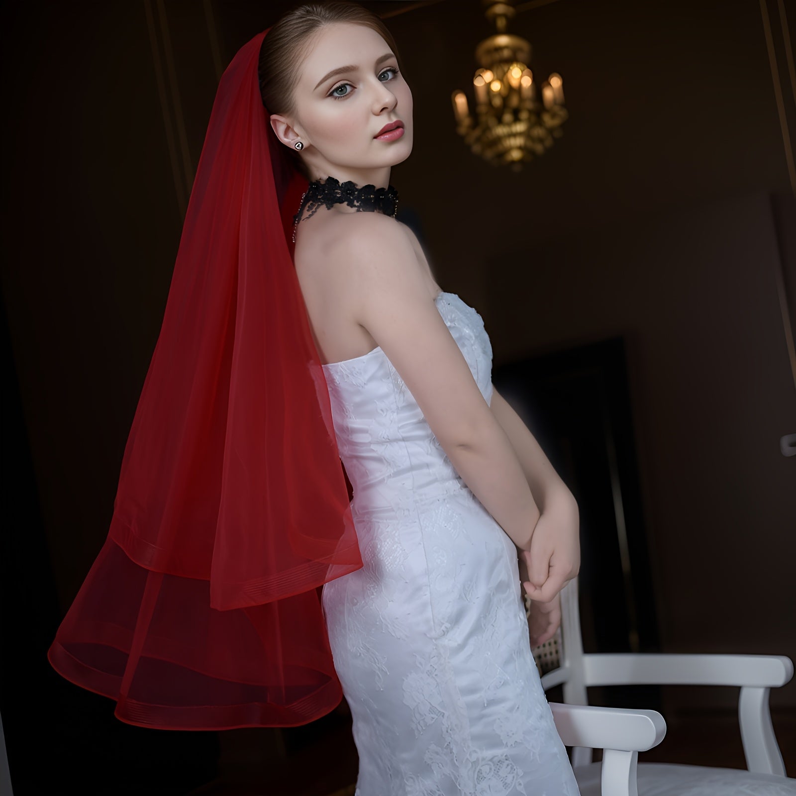 Red Bridal Veil 2-Tier Short Nylon Wedding and Party Accessory
