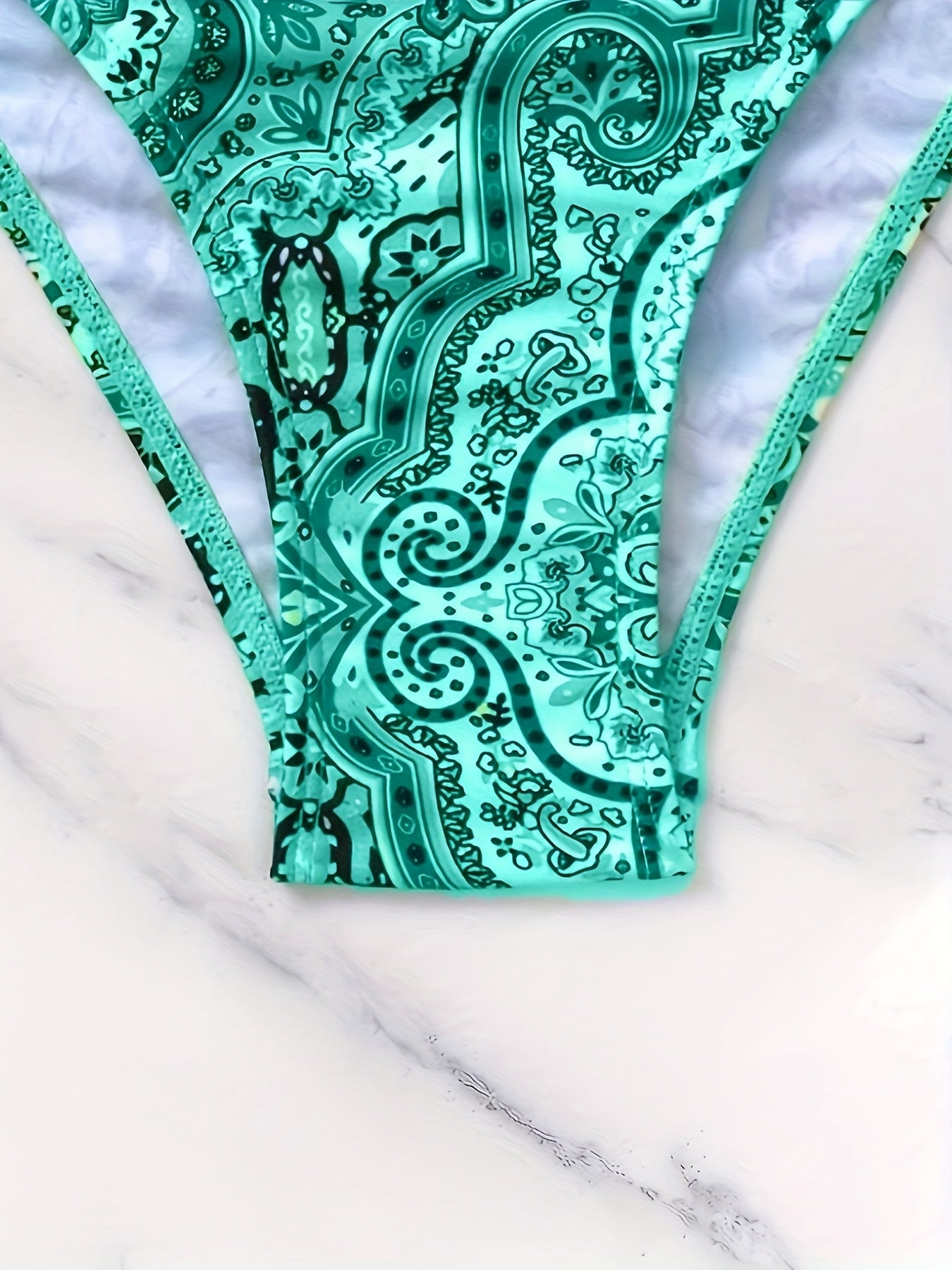 Women's Turquoise Digital Print High-Waisted Bikini Set with Tie-Front Halter Top and High-Cut Bottoms