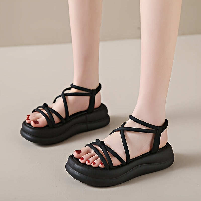 Women's Sandals Elastic Strap Slip-On Open Toe Mid-Heel Comfortable PU Platform