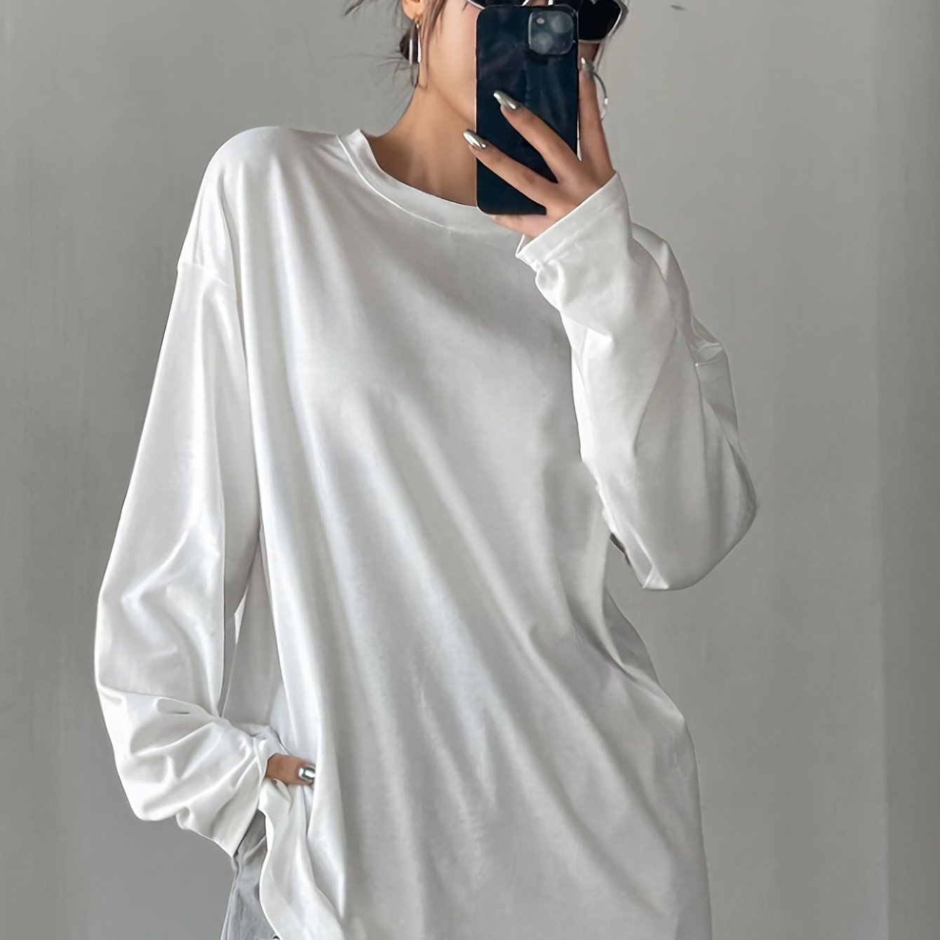 Women's White Crew Neck Long Sleeve T-Shirt Polyester Viscose Elastane Casual Fall Winter