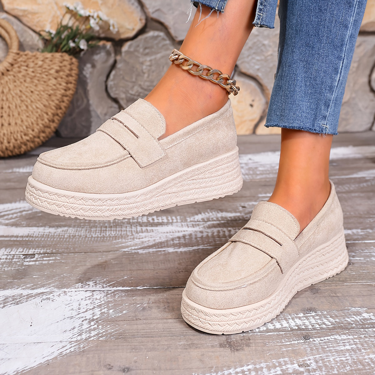 Women's Slip-On Sneakers Black Beige Cushioned Platform All-Season