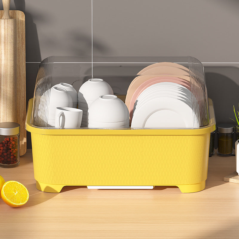 Escurridor de platos de plástico con tapa, amplio almacenamiento de cocina para platos y utensilios