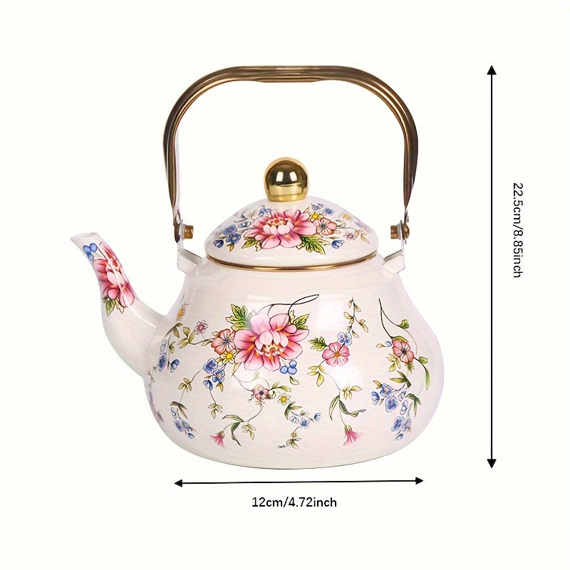 Vintage Enamel Tea Kettle with Gold-Plated Steel Handle 1100W Non-Electric Water Boiler