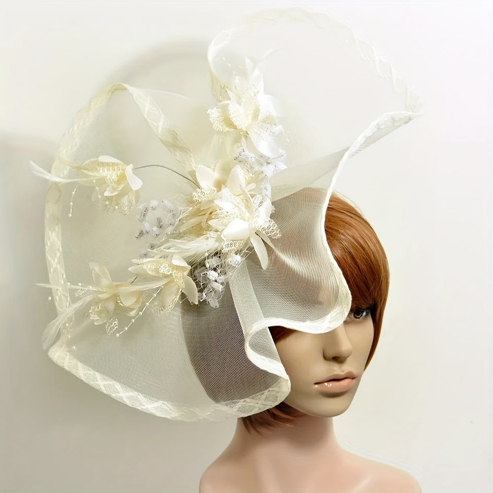 Vintage Fascinator Headwear with Flower Mesh and Faux Feather for Women Tea Party Wedding