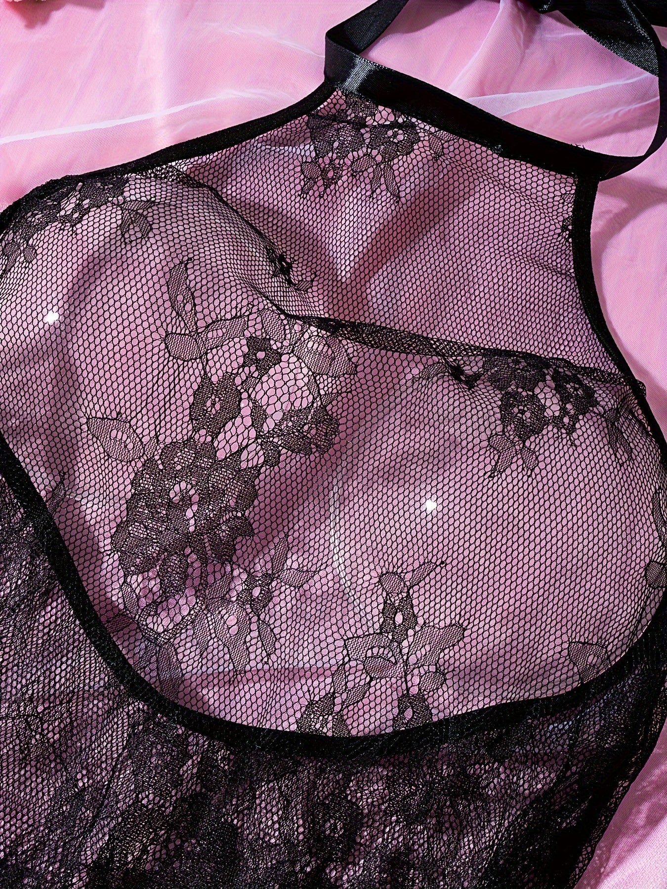 Women's Lace Halter Babydoll Dress with Thong Semi-Sheer Stretch Fabric