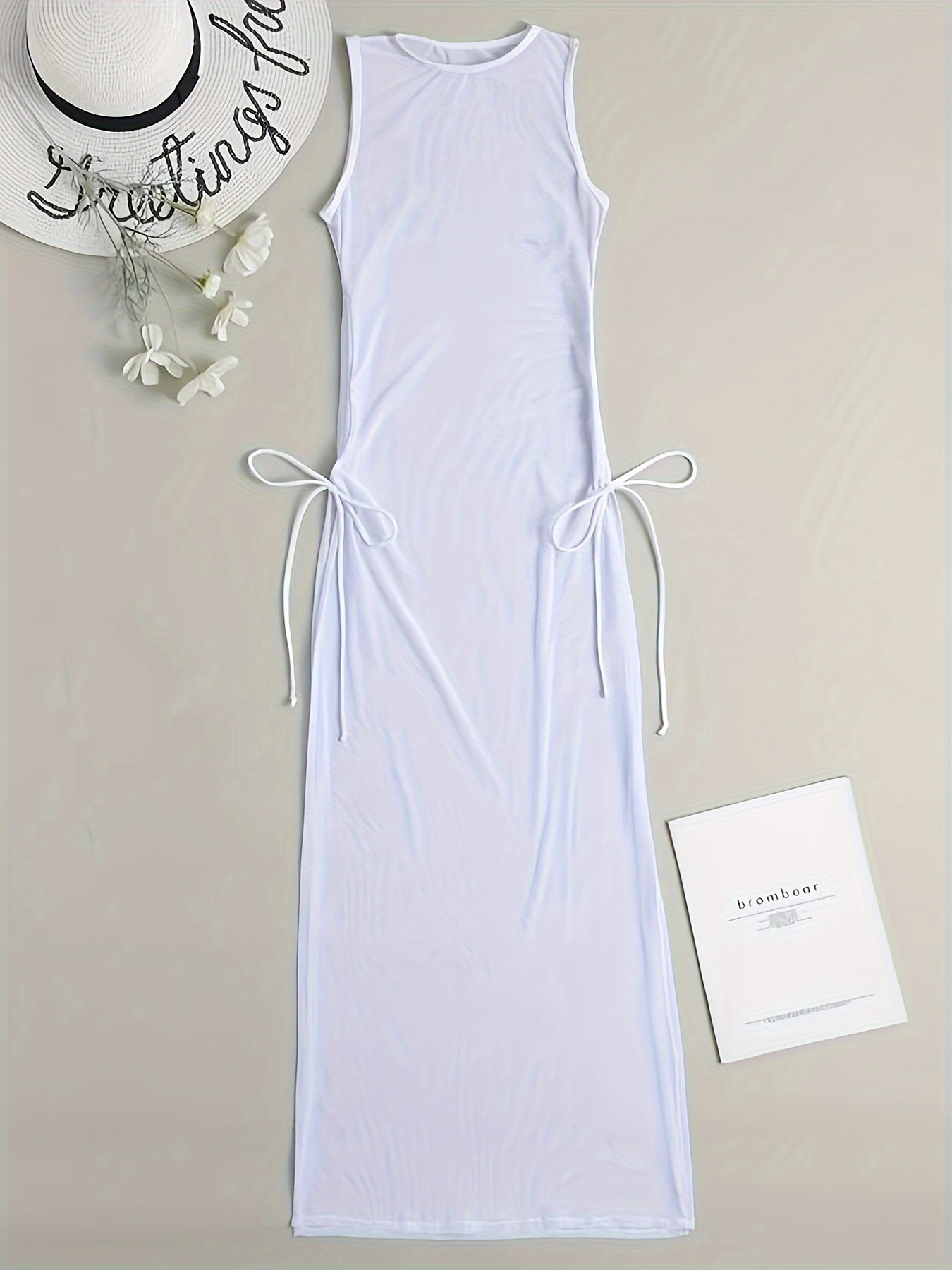 Women's Mesh Cover-Up Dress Solid Color Side Split Drawstring Sleeveless