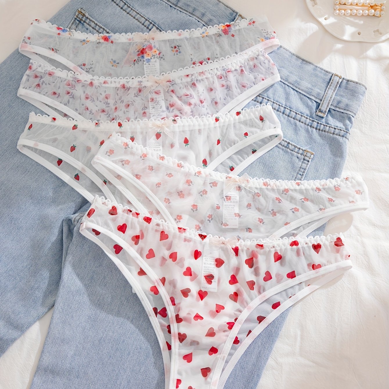 Women's Floral Print Panties 5 Pack Lace Trim Polyester Blend Elastic Waist