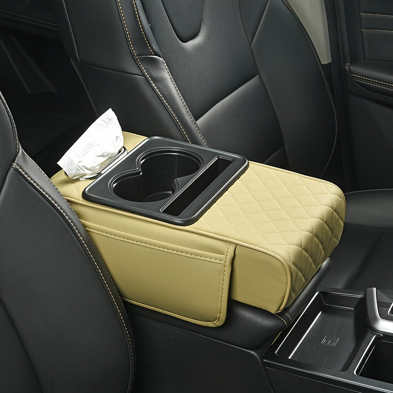PU Leather Car Armrest Organizer with Cup Holder Tissue Box Storage