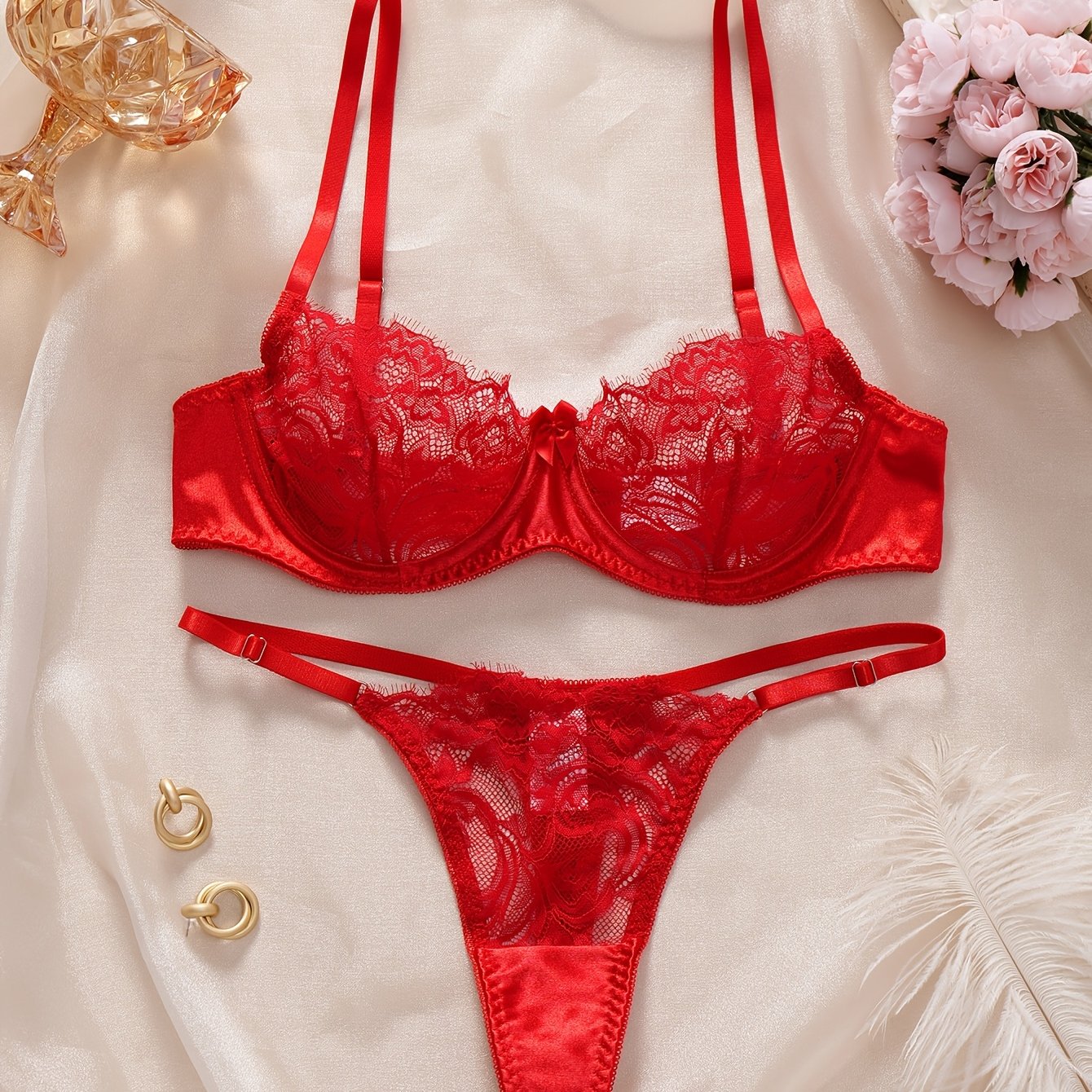 Red and Black Lace Lingerie Set for Women Includes Thong and Bralette Underwire Polyester Elastane