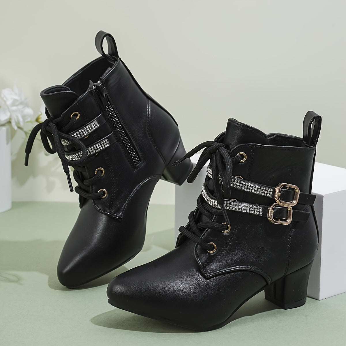 Women's White Ankle Boots with Golden Buckles Side Zipper Chunky Heel