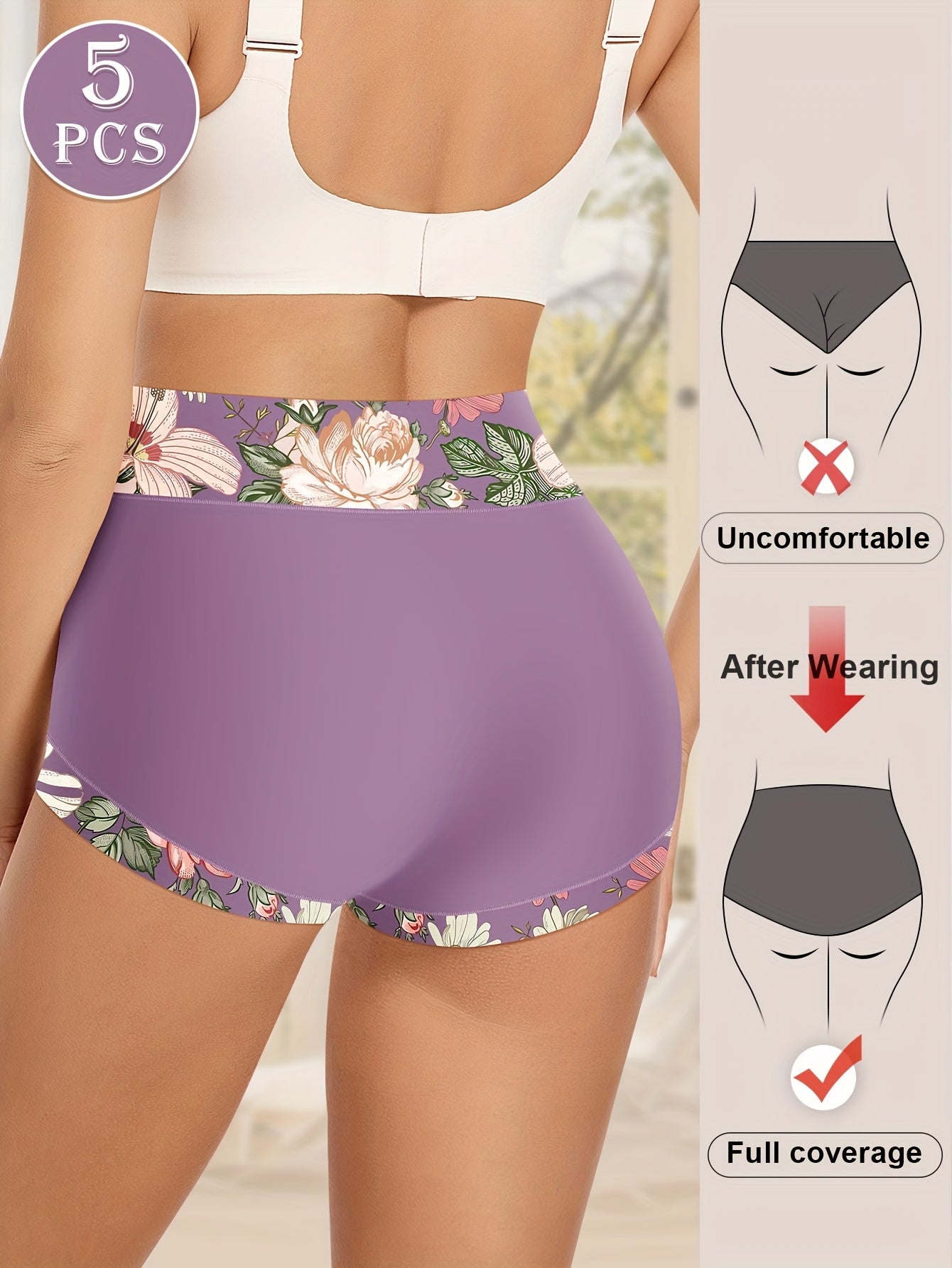 Pack de 5 braguitas florales de cintura alta para mujer, control de abdomen, levantador de glúteos, estiramiento medio