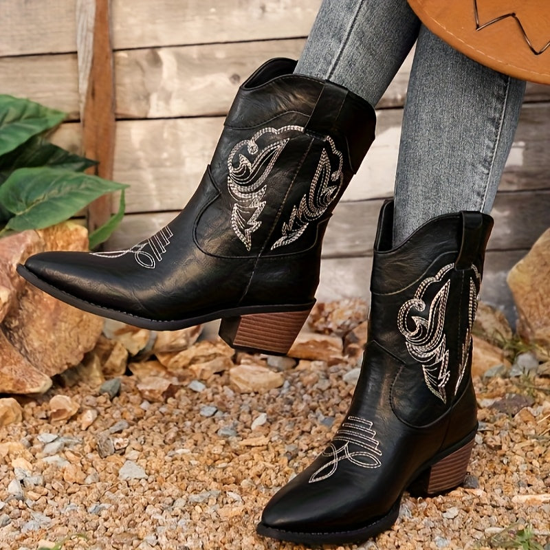 Women's Western Embroidered Cowboy Boots Black Pointed Toe Slip-On