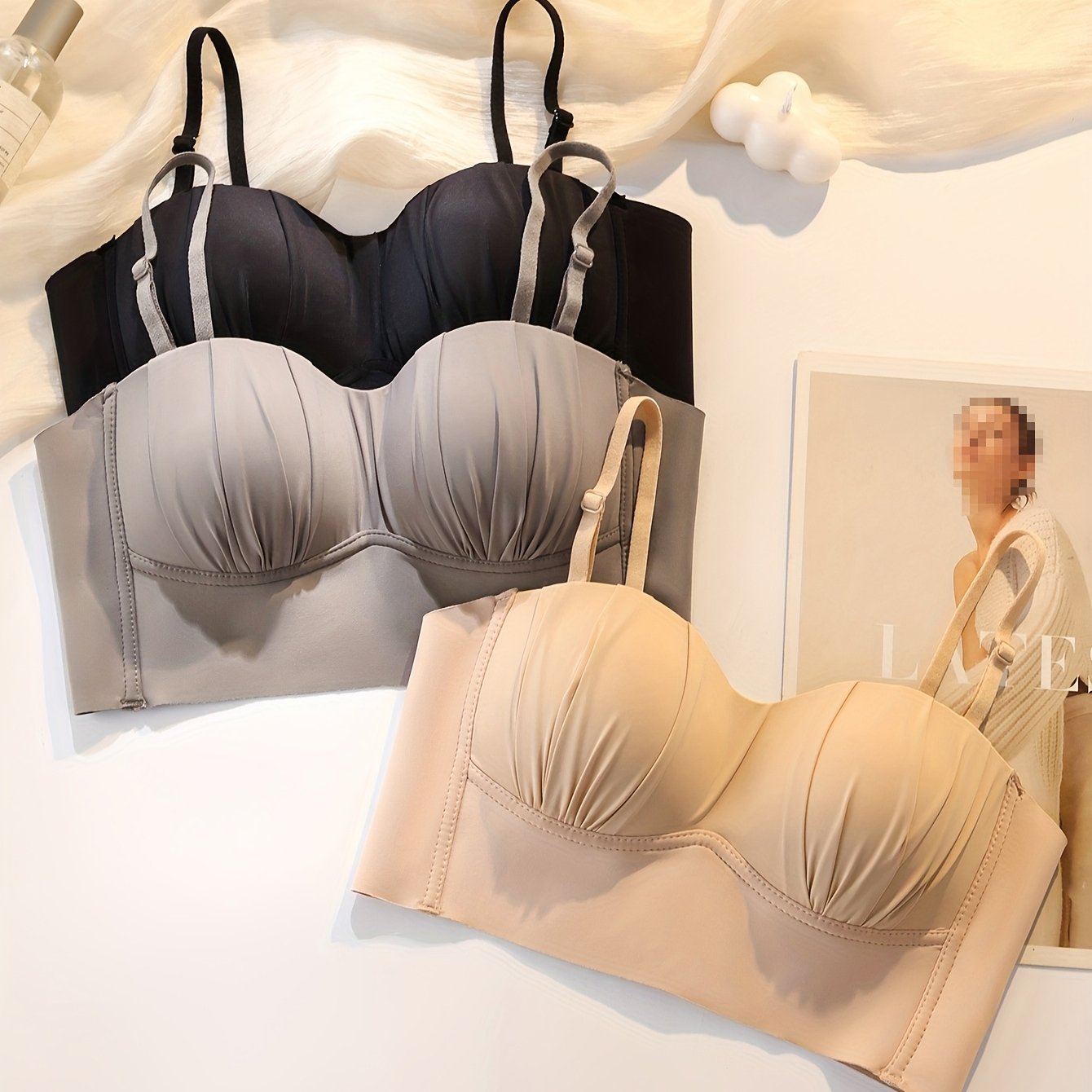 3-to'plamli uzluksiz simsiz ko'ylaklar, ayollar uchun o'rta qo'llab-quvvatlash, naylon to'qilgan, bir rangli, strapless bandeau