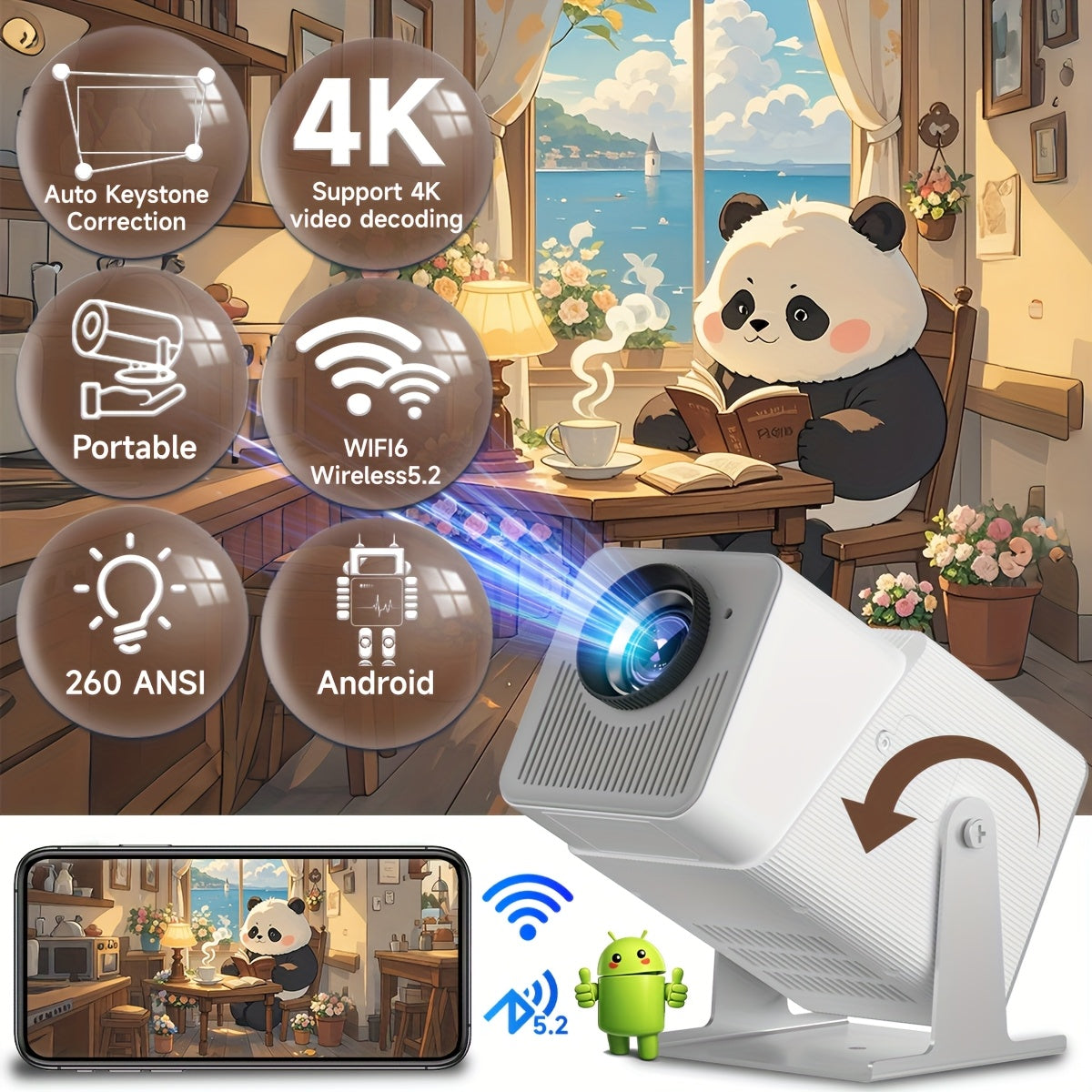 Мини портативный 4K Wi-Fi проектор с яркостью 260 ANSI, вращение на 180°