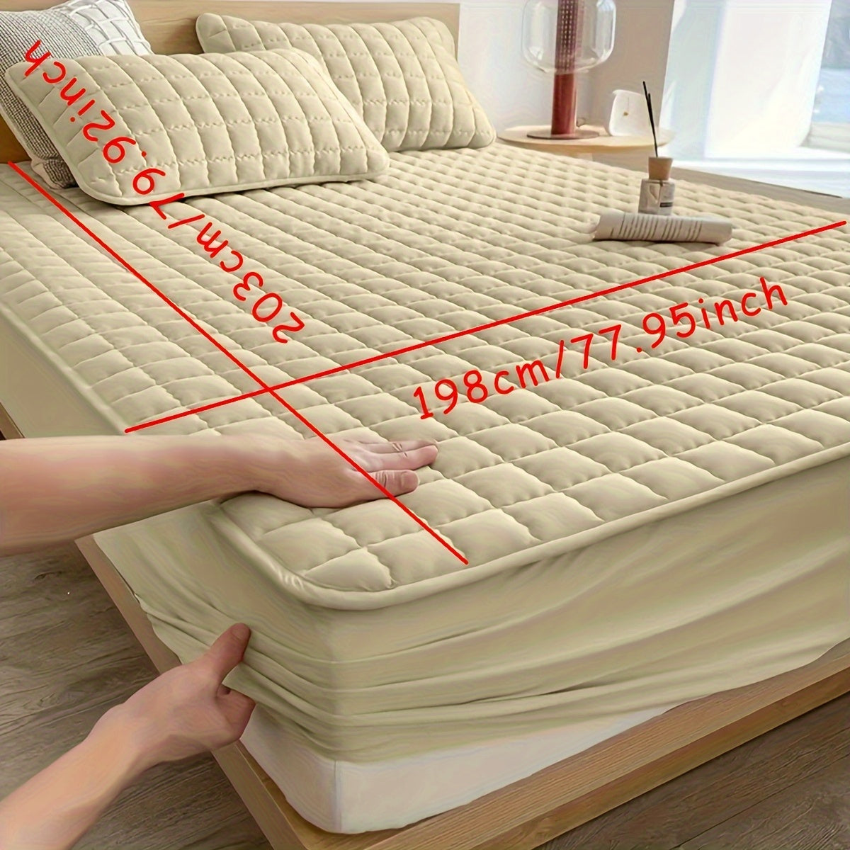 Light Gray Quilted Waterproof Fitted Sheet Breathable Polyester Deep Pockets Easy Care