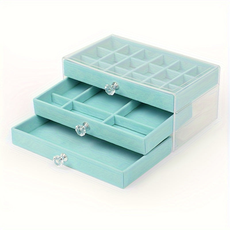 Organizador de joyas de acrílico con cajón de forro suave para collares, pendientes y anillos, azul claro y rosa