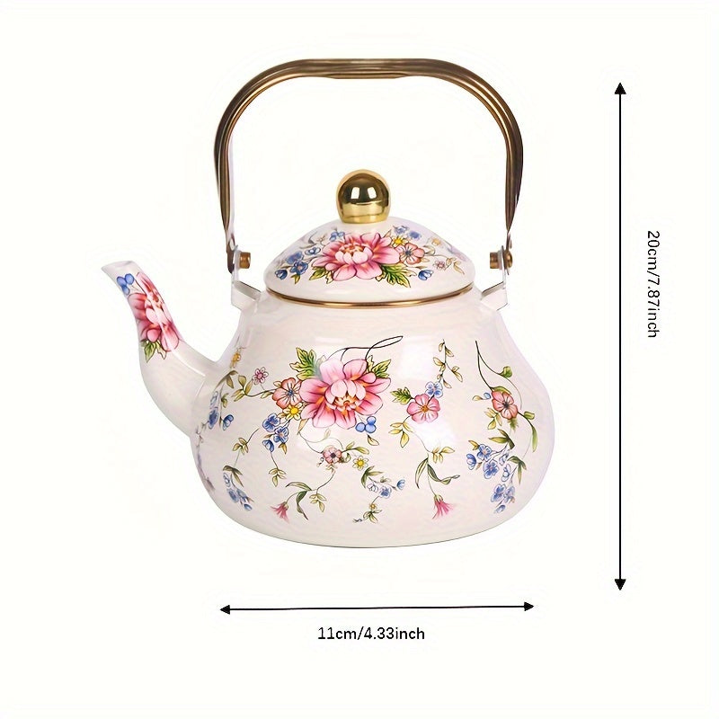 Vintage Enamel Tea Kettle with Gold-Plated Steel Handle 1100W Non-Electric Water Boiler