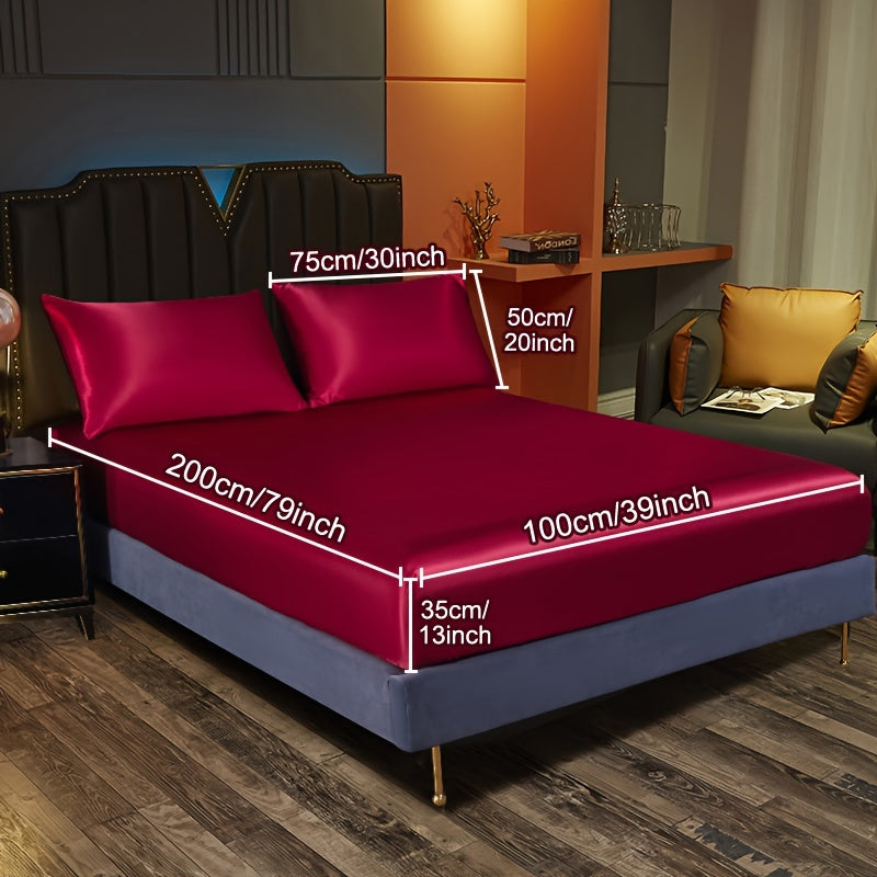 Satin Bedding Set 3 Pieces Fitted Sheet and Pillowcases Solid Color