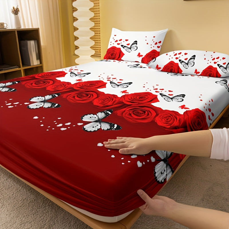 Red Rose Print Fitted Sheet Deep Pocket Mattress Protector Bedding