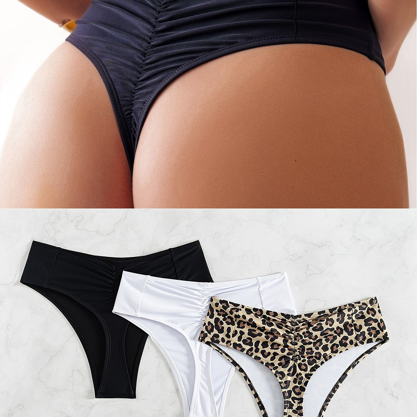 Women's High Stretch Nylon Thongs Solid Color Ruched Pack of 3