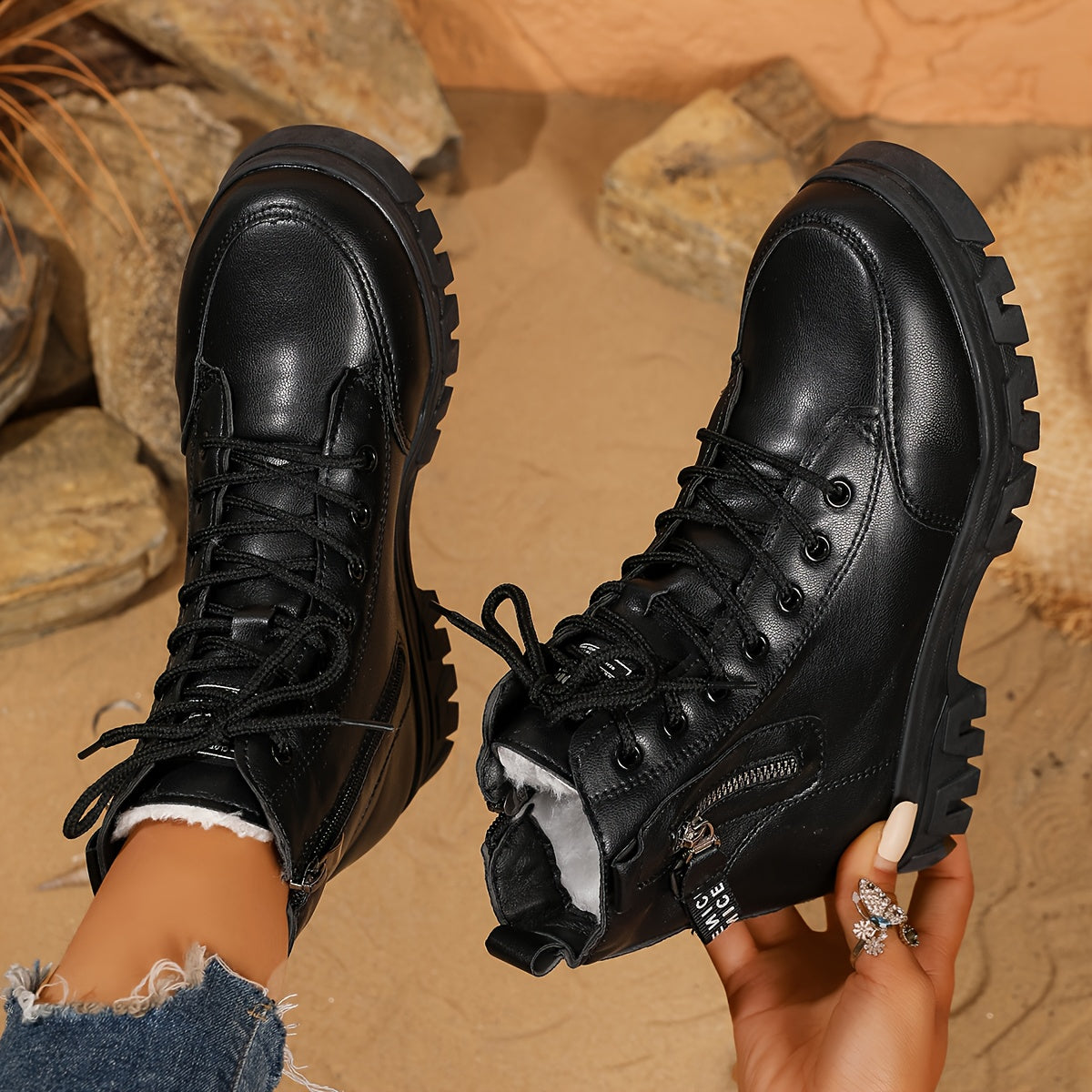 Women's Black PU High-Top Ankle Boots with Rubber Soles and Lace-Up Closure