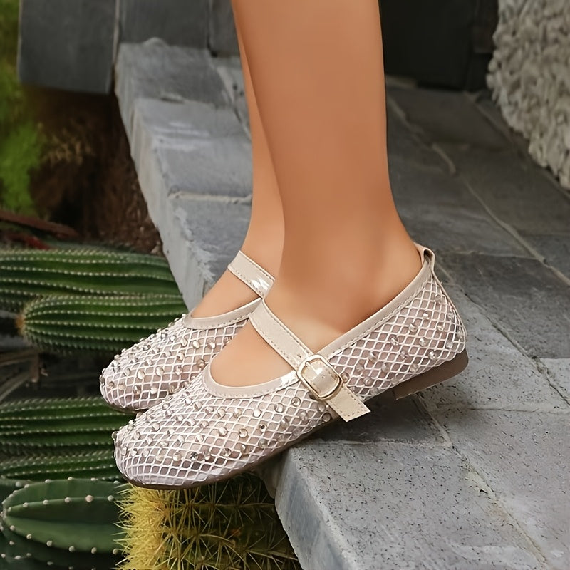 Zapatos de ballet para mujer con parte superior transpirable de malla y correa, zapatos de punta negros