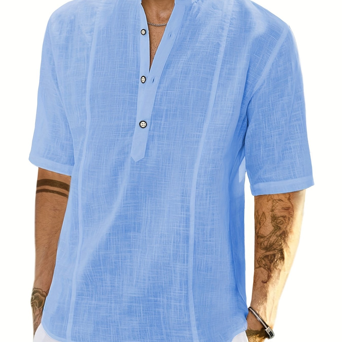 Мужская льняная хлопковая рубашка Henley темно-синего цвета для лета, повседневная, свободного кроя, увеличенного размера