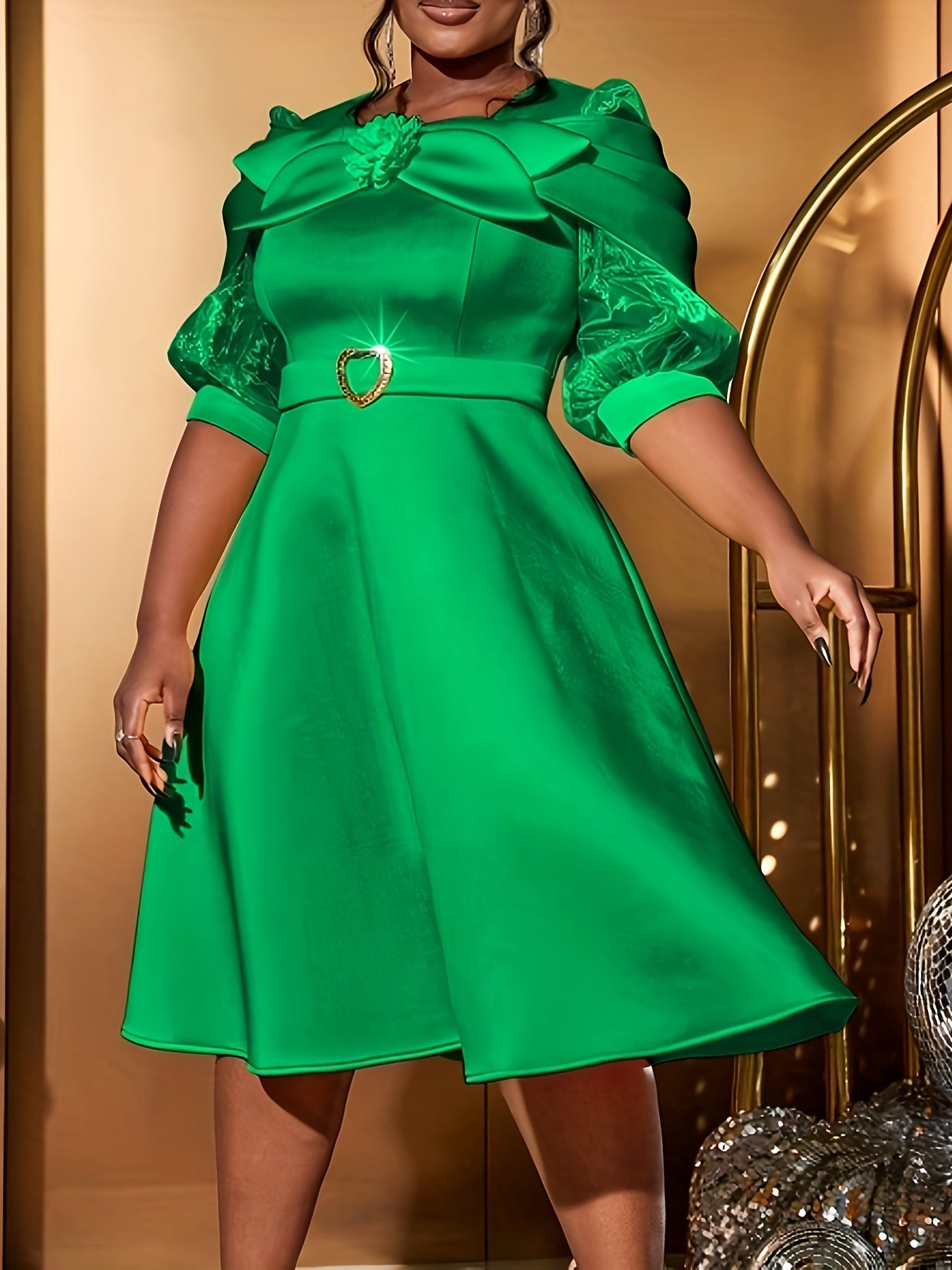 Women's Mustard Yellow A-Line Midi Dress with Petal Sleeves Belted Waist