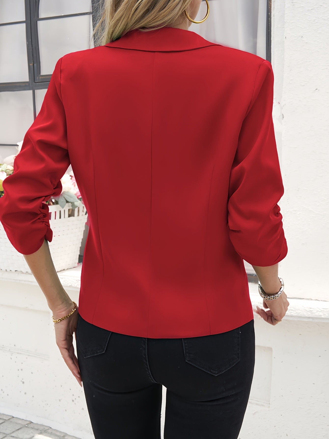 Women's Slim-Fit Casual Blazer Polyester Solid Color Spring Fall Roll-Up Sleeves Single Button Placket