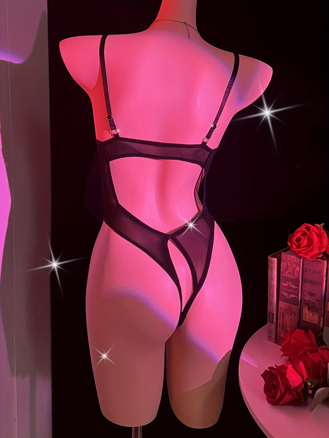 Women's Lace Lingerie Set with Flower Contrast Teddy and Open Crotch Bodysuit