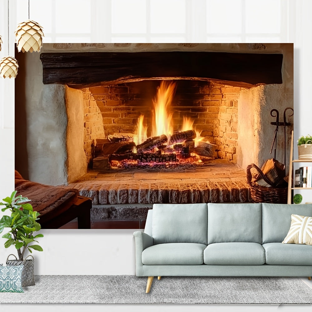 Polyester Fireplace Backdrop Cloth for Home Decor, Wood Burning Scene, All Seasons