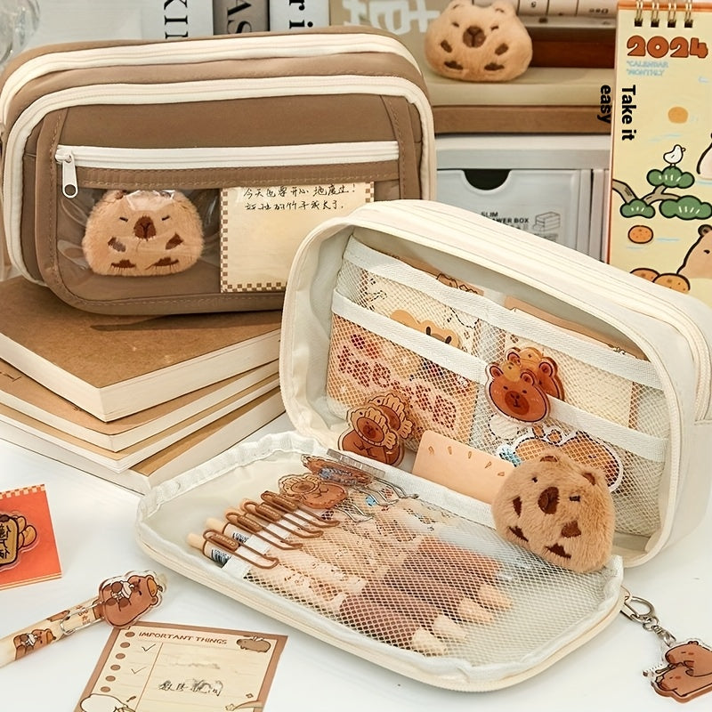 6-Piece Capybara Pencil Case Set with Zipper Canvas Bag Storage Box Notepad and Accessories