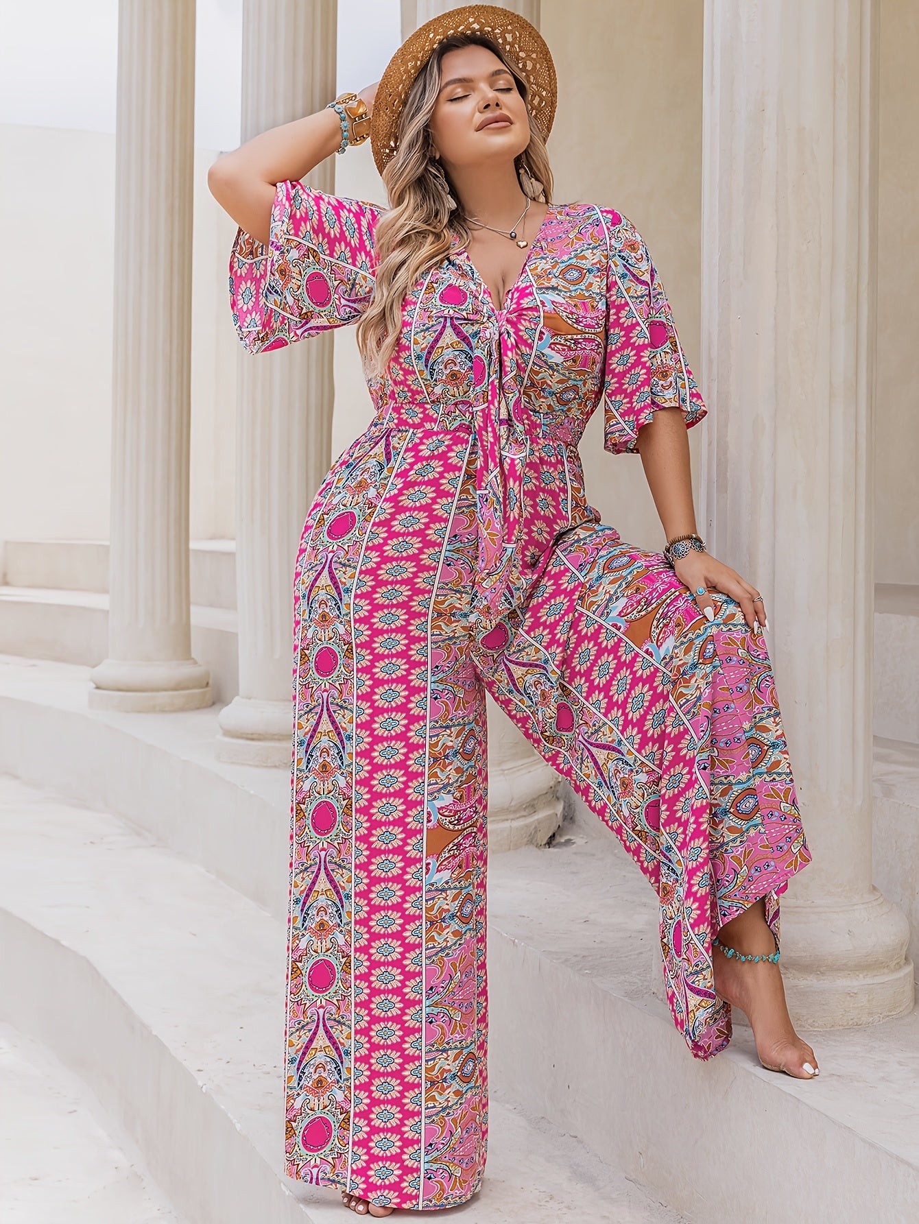 Plus Size Women's Bohemian Floral Print V-Neck Jumpsuit Long Sleeve