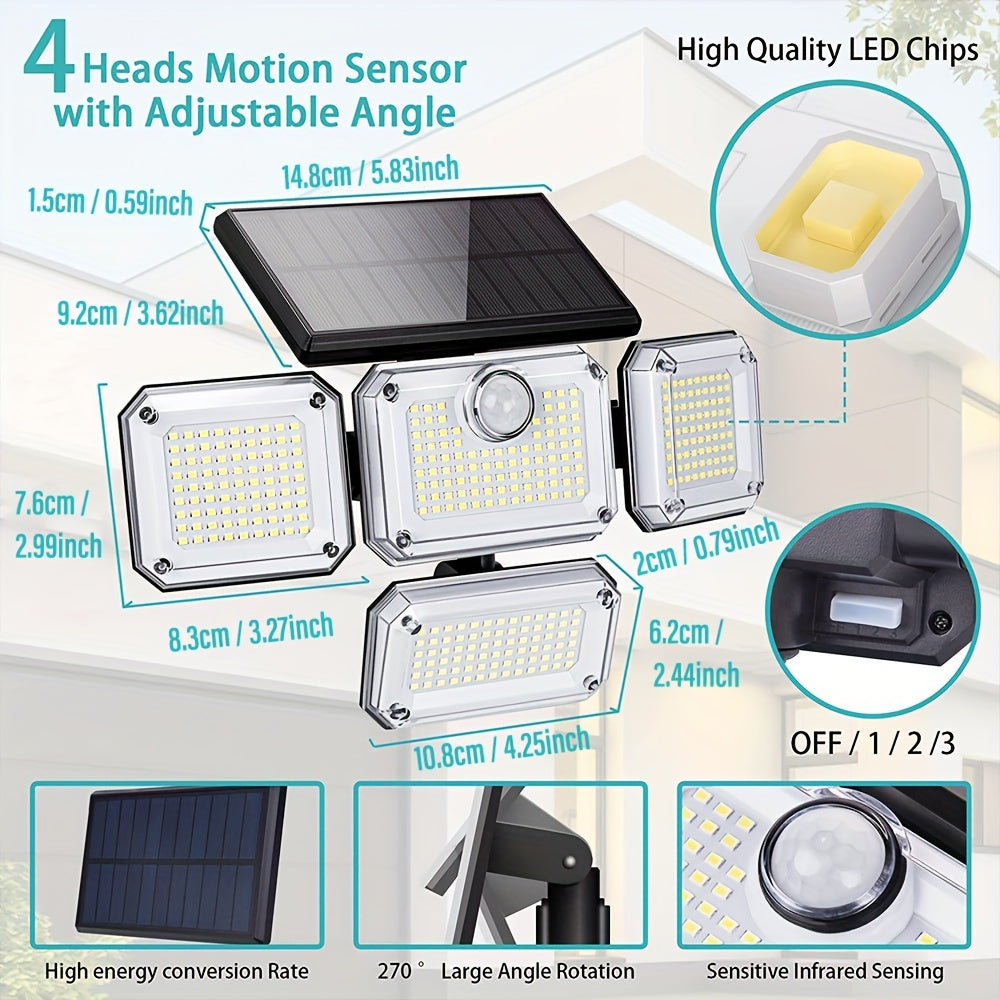 Solar-Powered Outdoor Light with 333 LEDs Motion Sensor Remote Control 4-Head Patio Yard Garage Porch