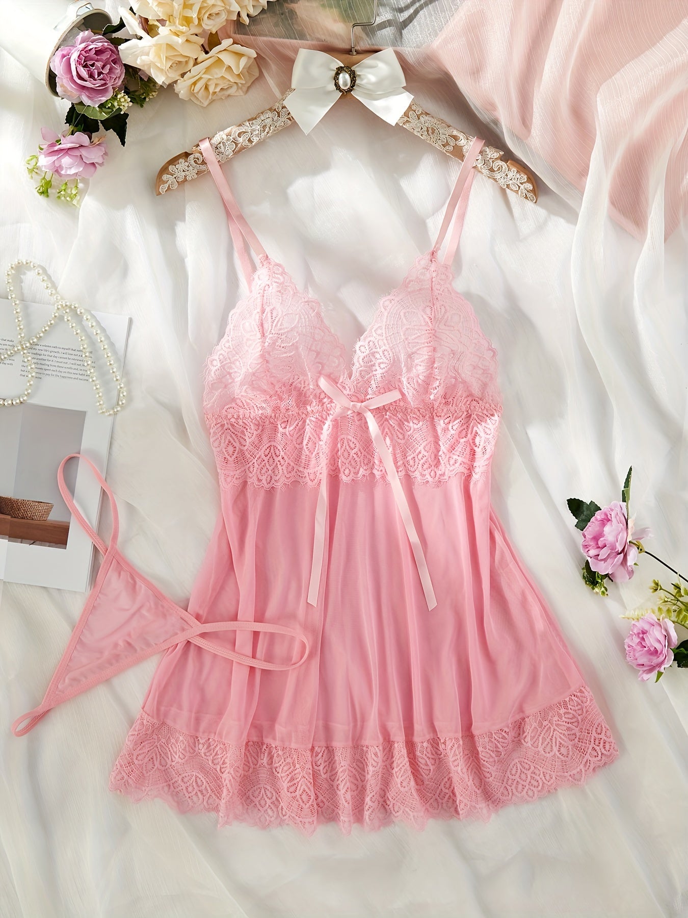 Pink Lace Nightgown Set with Satin Bow, Adjustable Straps, Sheer Boudoir