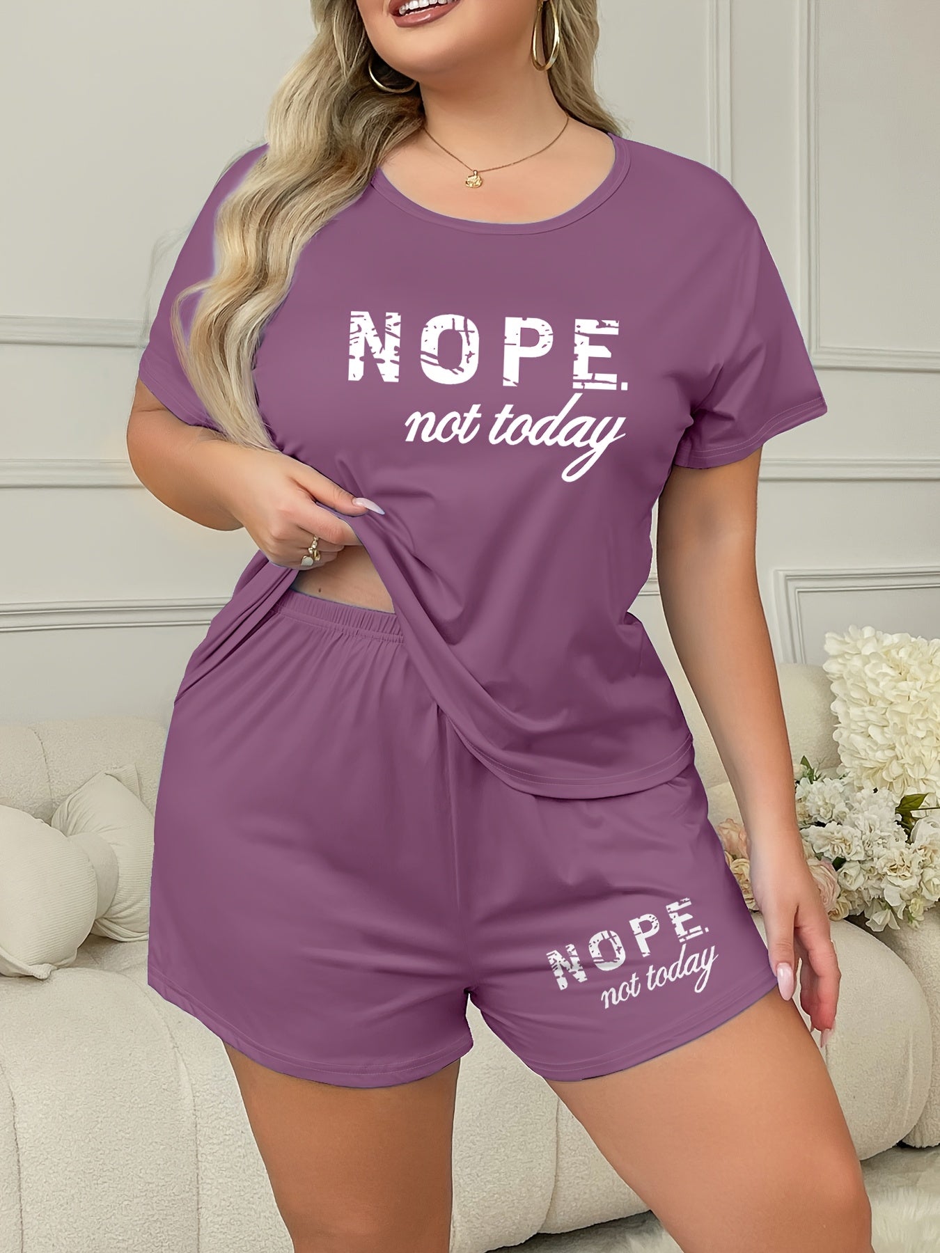 Plus Size Women's Loungewear Set Casual Slogan Print Short Sleeve Top and Elastic Shorts