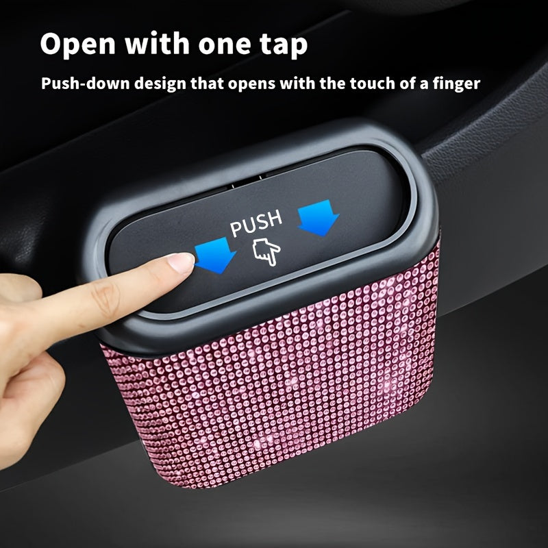Car Interior Hanging Trash Can with Artificial Rhinestone Inlay Multi-Functional Storage