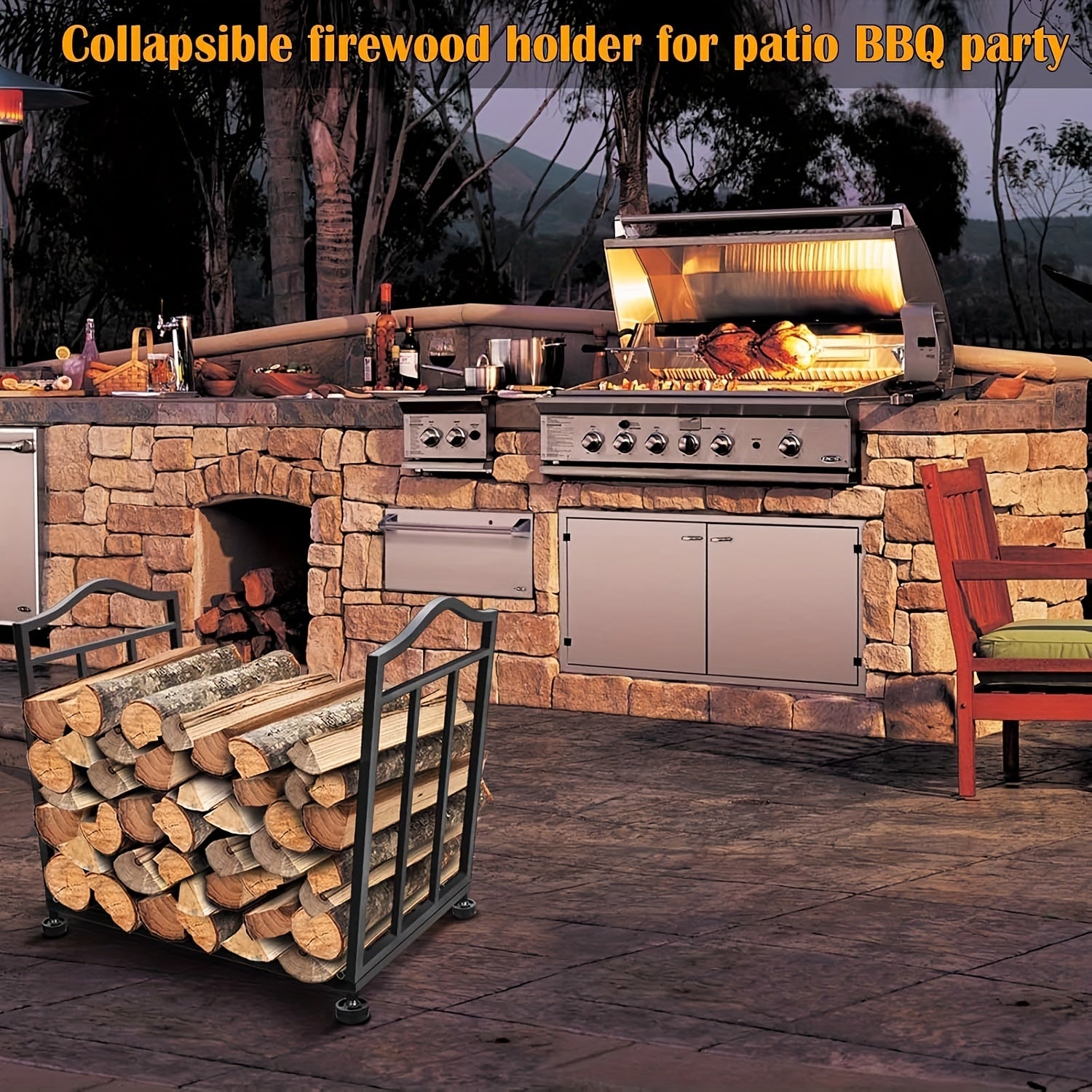 Durable Metal Firewood Rack Foldable Indoor Outdoor Fireplace Organizer