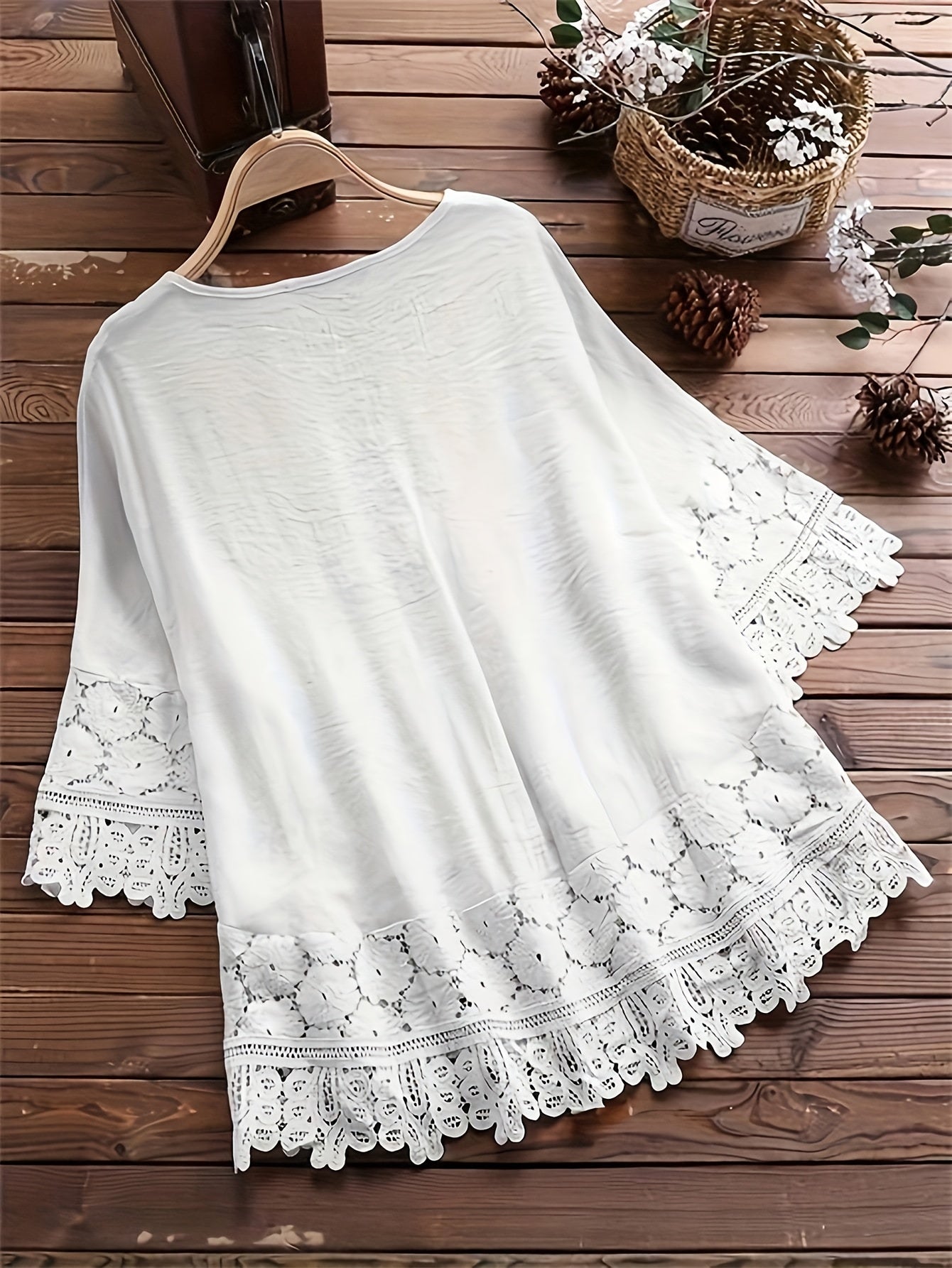 Women's Long Sleeve Shirt with Embroidered Lace Trim Crew Neck Cotton Blend Casual Spring Fall