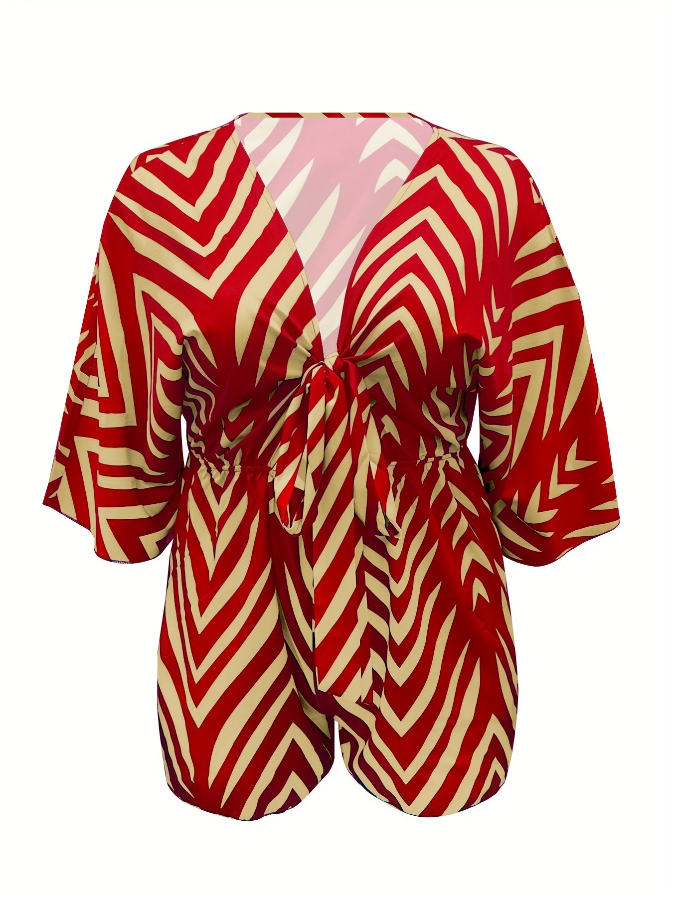 Plus Size Women's V-Neck Batwing Sleeve Jumpsuit with Belt and Zigzag Print