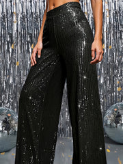 Pantalones de pierna ancha con lentejuelas de talla grande para mujer primavera verano de poliéster sólido