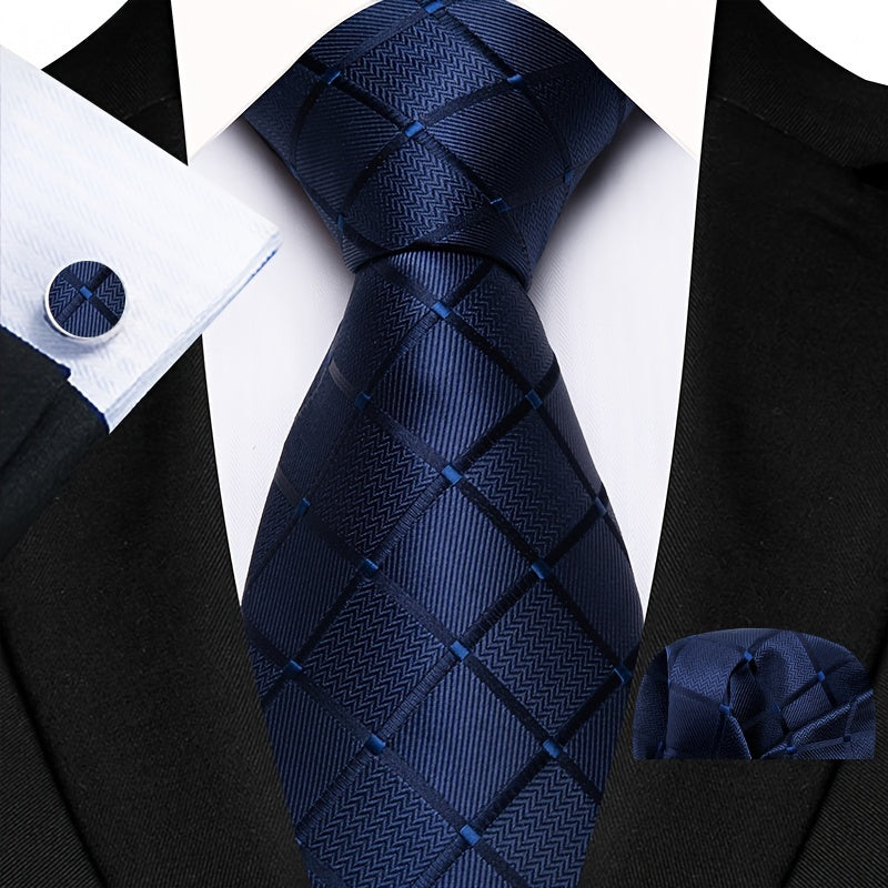 Men's Plaid Tie, Pocket Square and Cufflinks Set